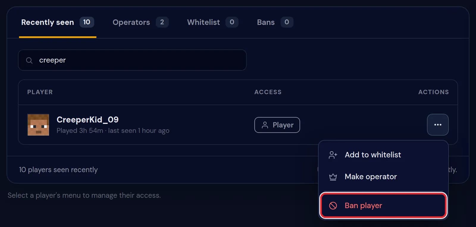 The menu next to CreeperKid_09 with Add to whitelist, Make operator and Ban player, the last one marked in red