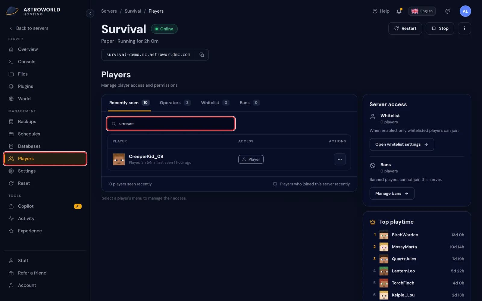 The Players page with a search for creeper in the field above the player list, marked in red