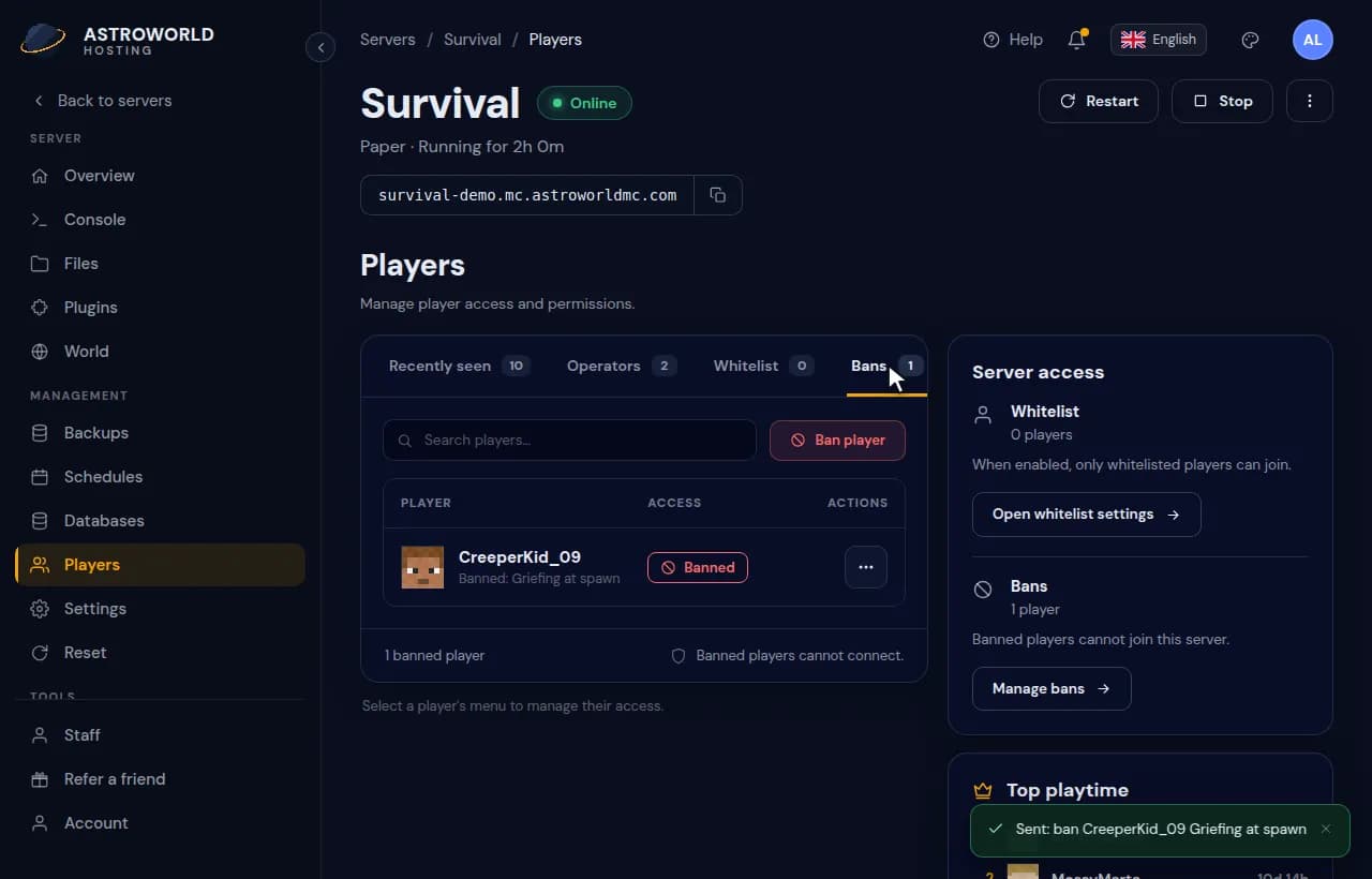Finding a player on the Players page, banning them with a reason and checking the Bans tab
