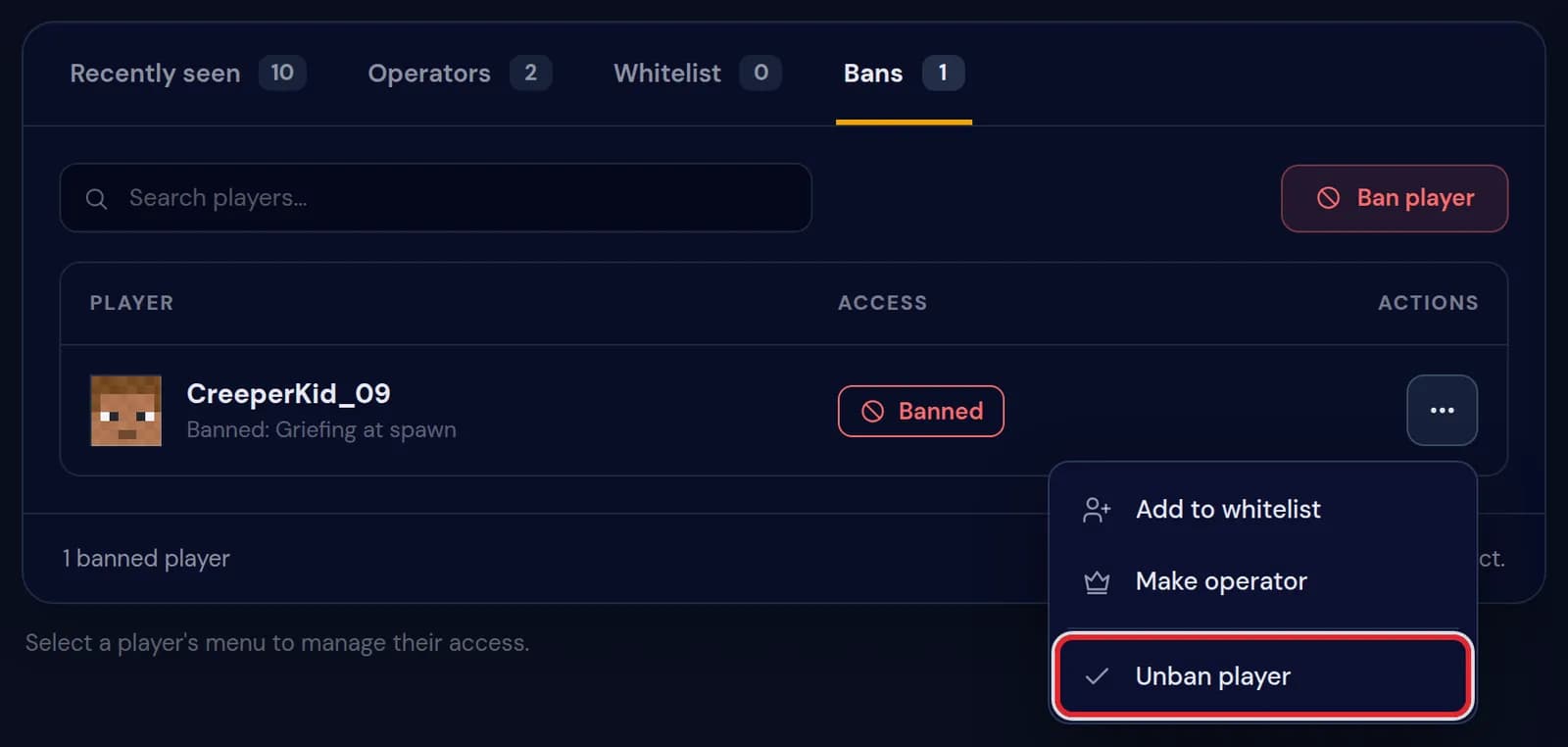 The menu next to CreeperKid_09 on the Bans tab with Unban player marked in red