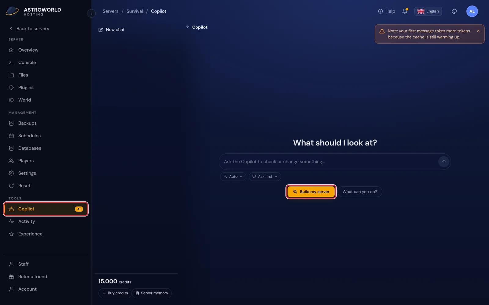 The empty Copilot screen with Copilot in the sidebar and the Build my server button marked in red