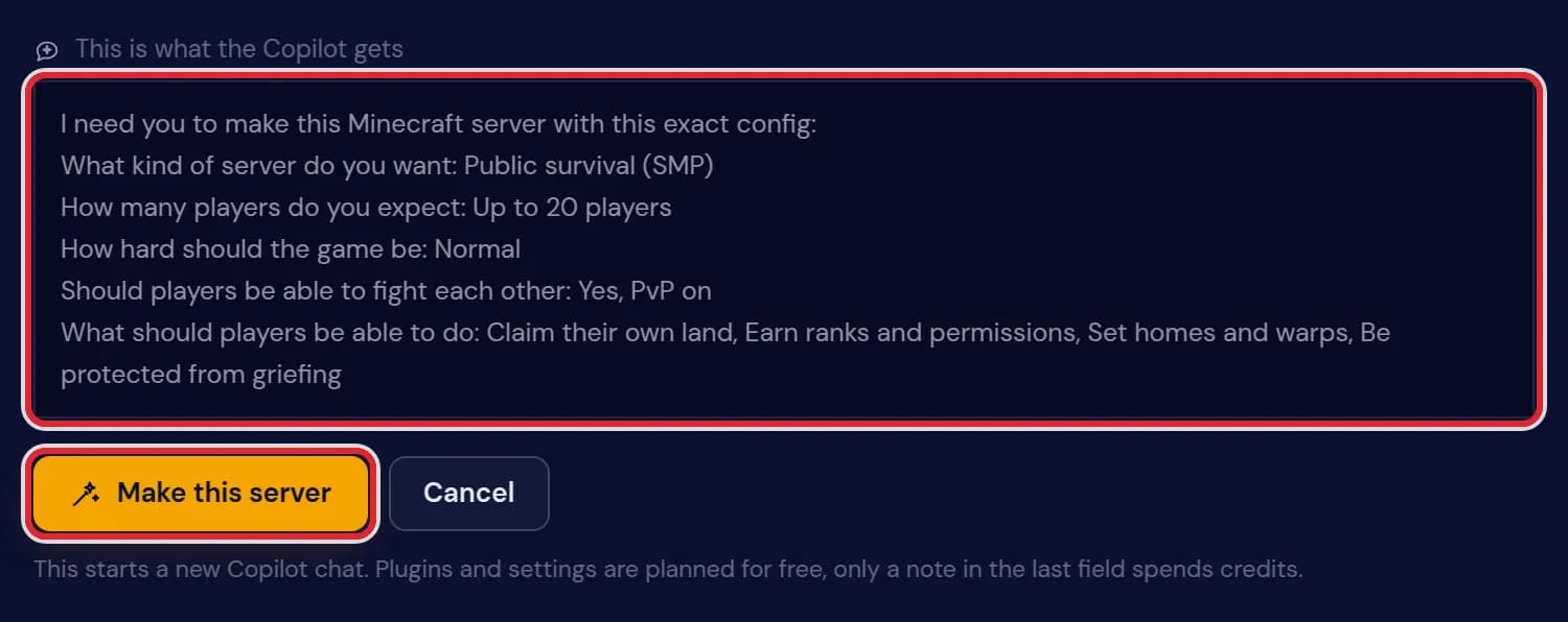 The instruction for the Copilot with one line per answer and the Make this server button marked in red