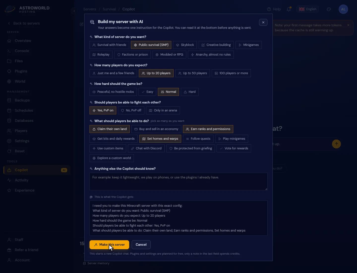 Answering the Build my server questions for a public survival server
