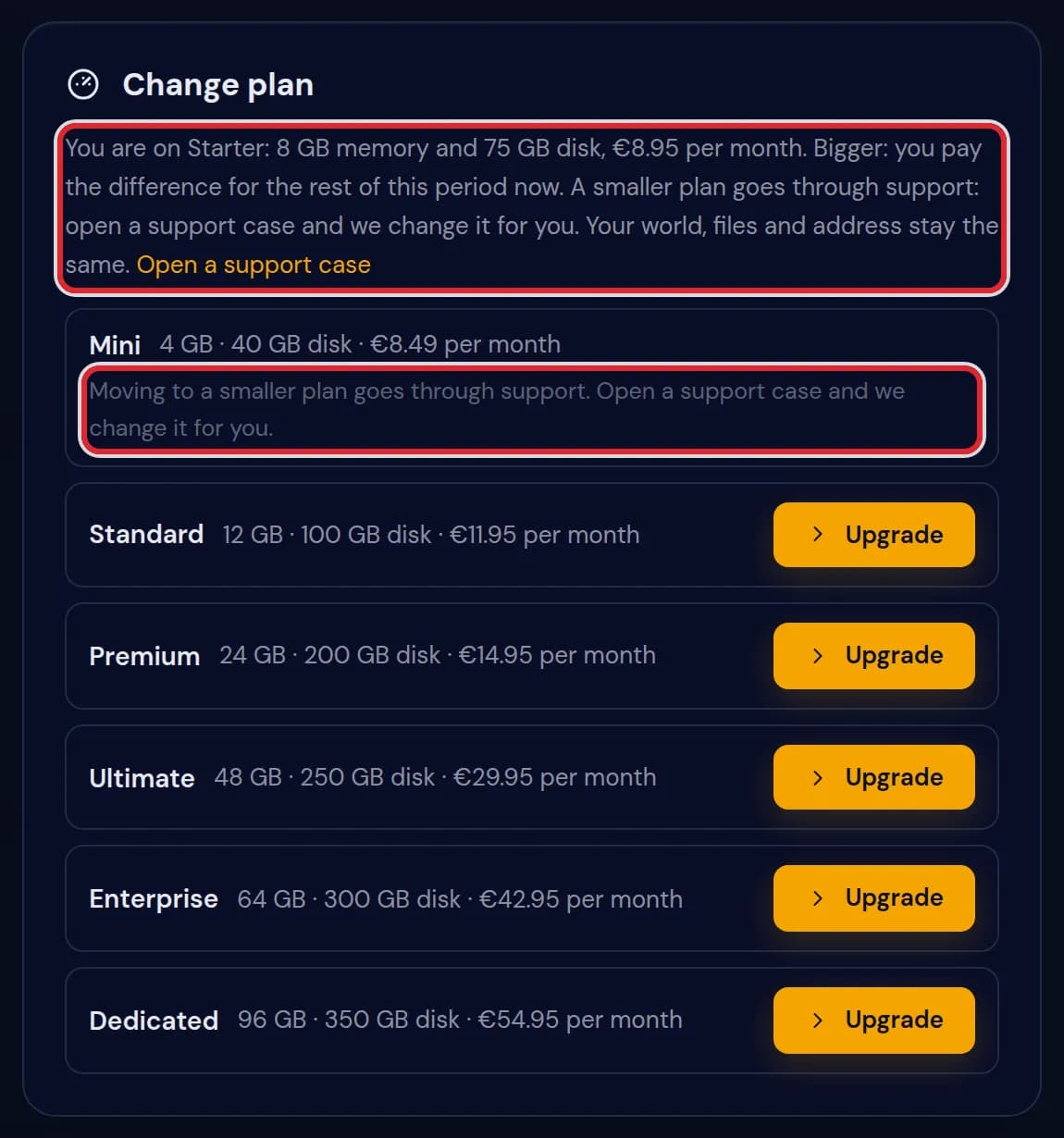 The Change plan card with the line that a smaller plan goes through support, the Open a support case link and the support line under Mini marked in red
