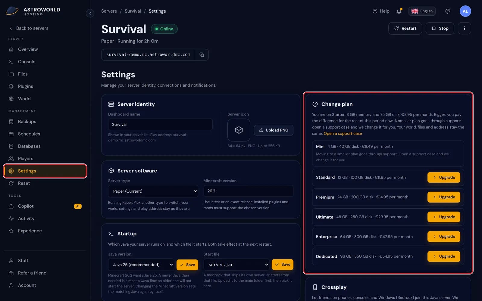 The Settings page of the server panel with Settings in the sidebar and the Change plan card marked in red
