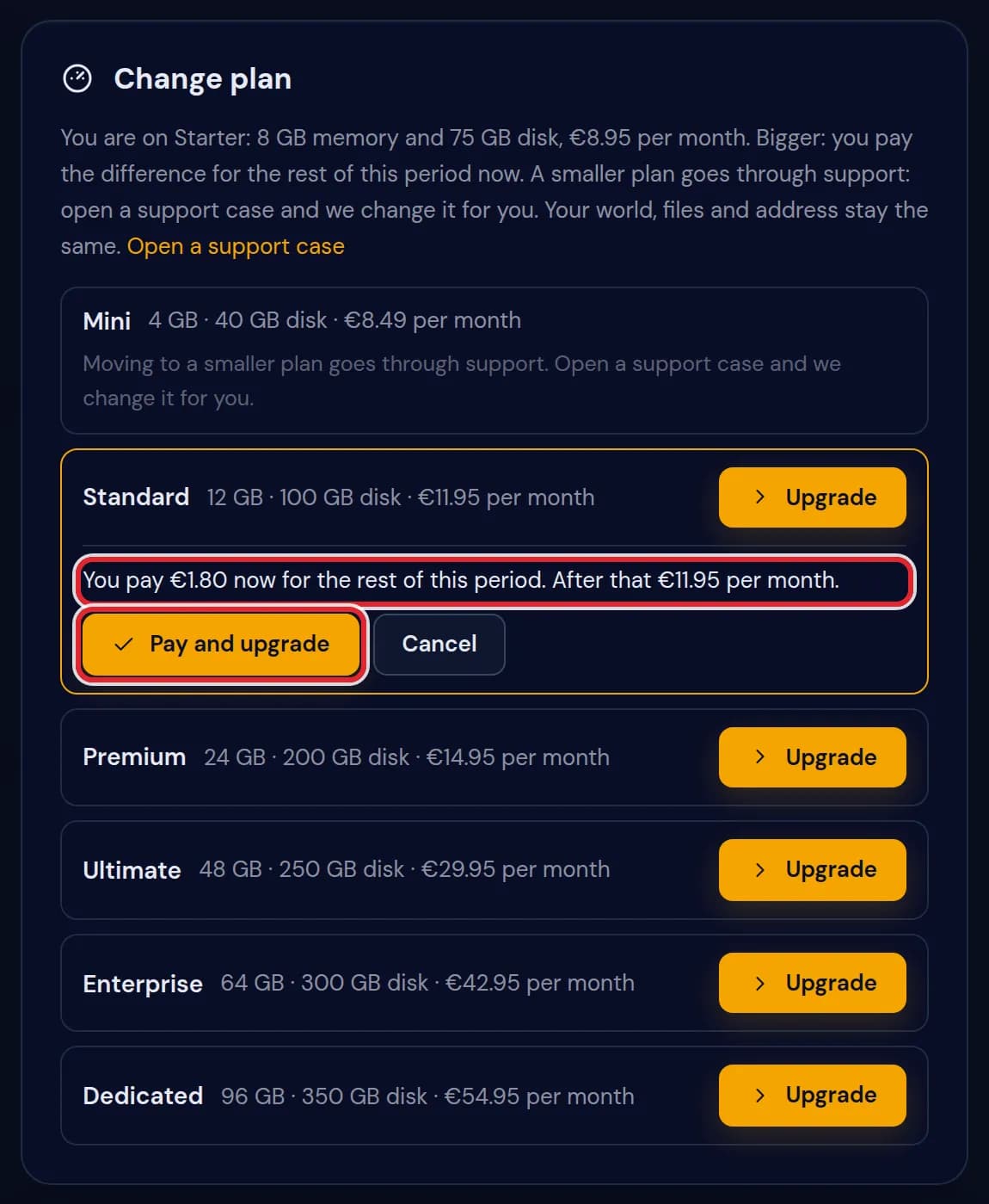 The Standard plan selected, with the line You pay €1.80 now for the rest of this period and the Pay and upgrade button marked in red