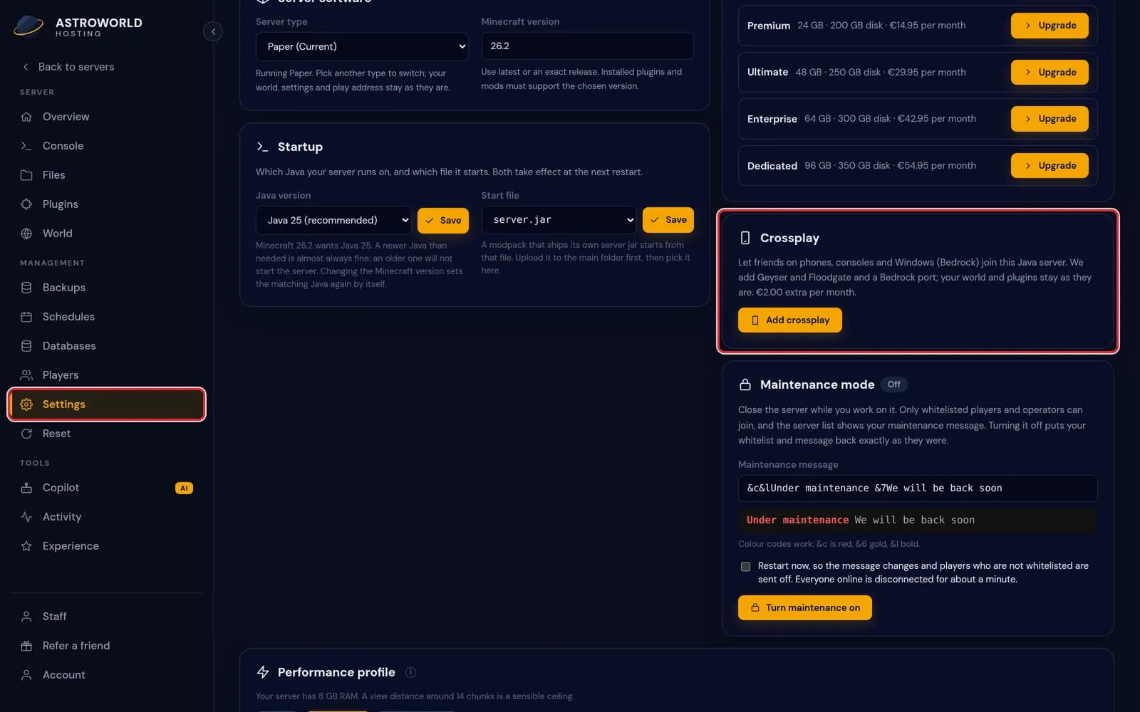 The Settings page with Settings in the sidebar and the Crossplay card with its Add crossplay button marked in red