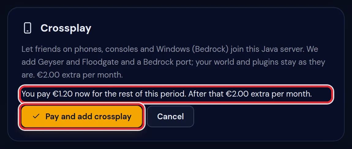 The Crossplay card with the line You pay €1.20 now for the rest of this period and the Pay and add crossplay button marked in red