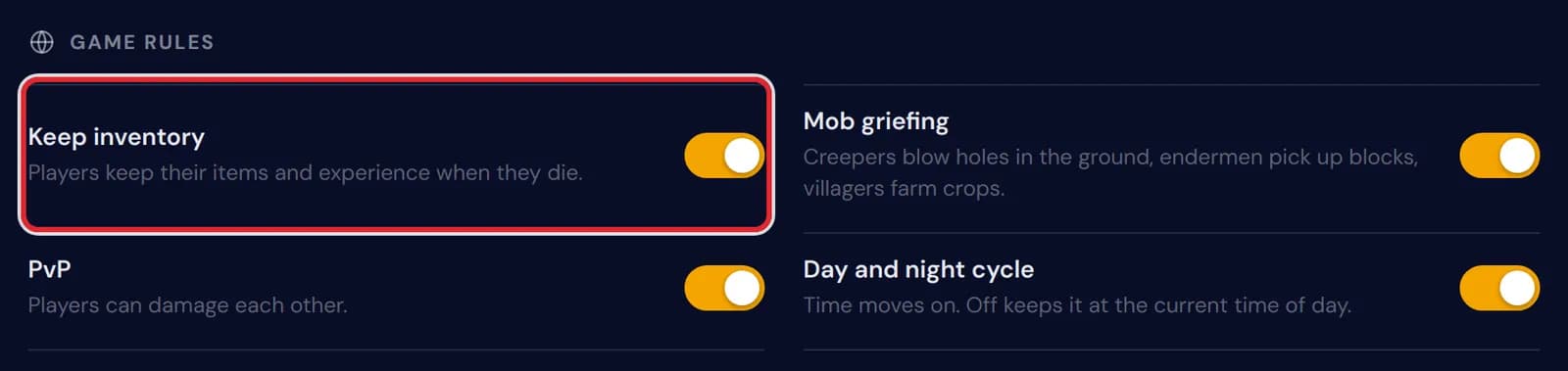 Keep inventory switched on, marked in red at the top of the game rules list