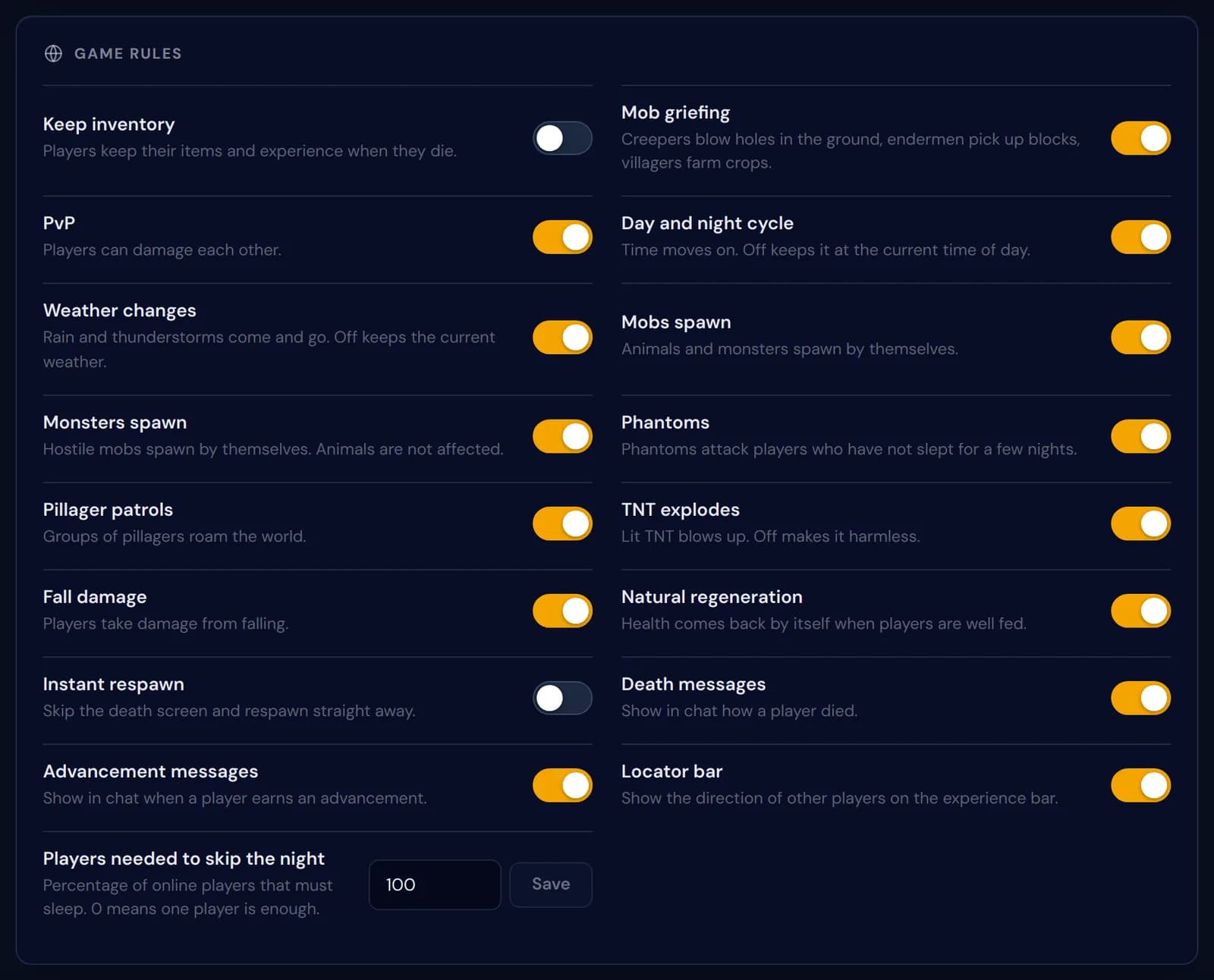 All 17 game rules on the card in two columns, with Keep inventory and Instant respawn switched off