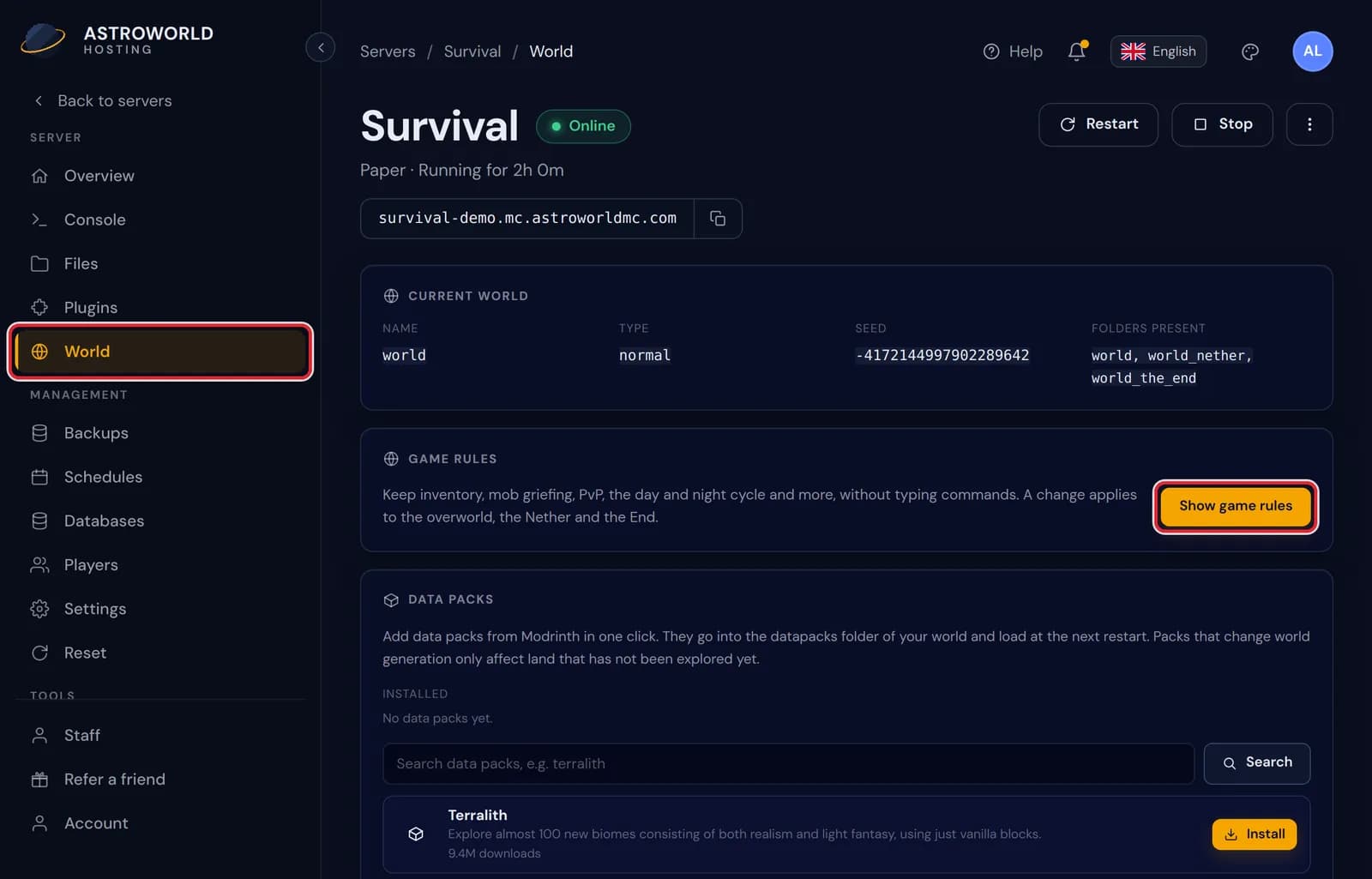 The World page of the server panel, with World in the sidebar and the Show game rules button marked in red