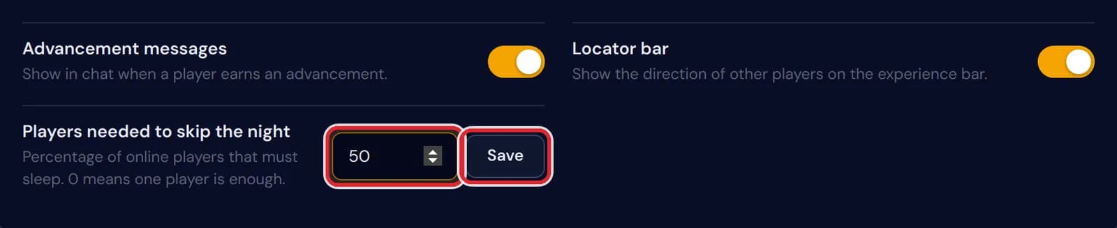 The field Players needed to skip the night set to 50, with its Save button, both marked in red