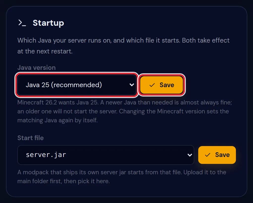 Java 25 (recommended) chosen in the Java version list, with the Save button next to it, both marked in red
