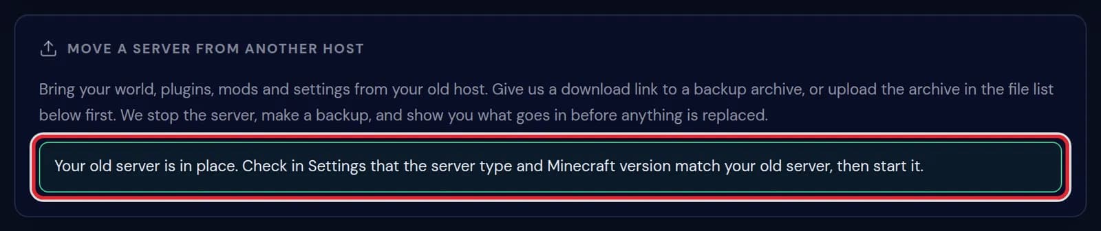 The line saying the old server is in place, marked in red on the card