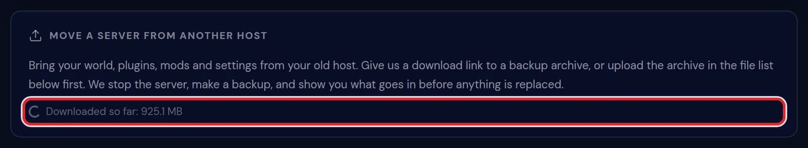 The line Downloaded so far: 925.1 MB on the card while the archive is fetched, marked in red