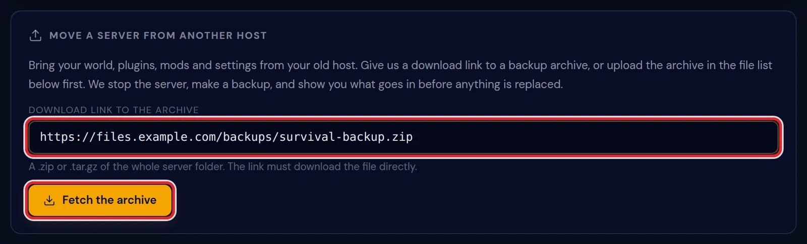 A link to survival-backup.zip in the Download link to the archive field, with Fetch the archive marked in red