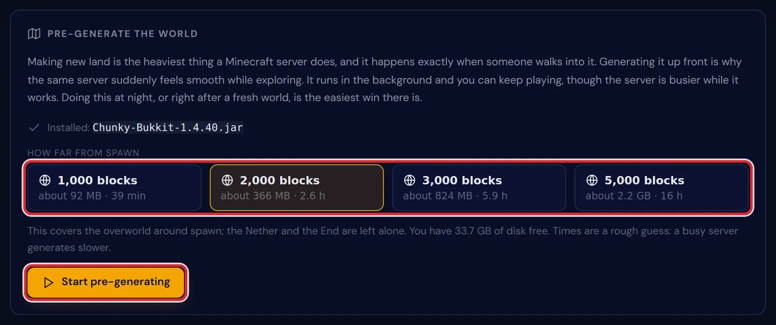 The four radius choices from 1,000 to 5,000 blocks and the Start pre-generating button, both marked in red