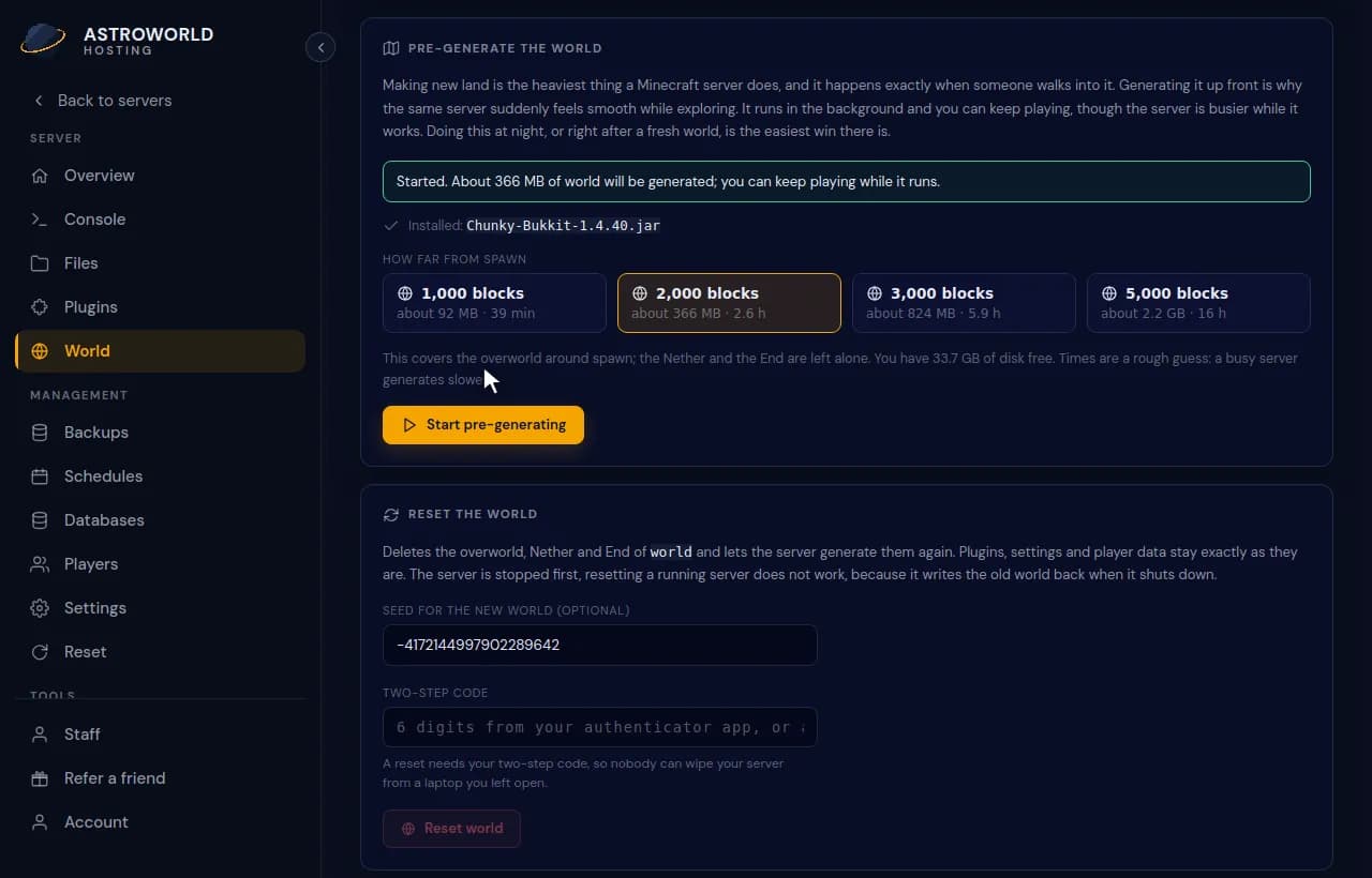 Choosing 2,000 blocks and starting pre-generation from the World page
