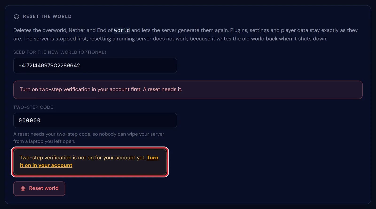 The notice Two-step verification is not on for your account yet, with the link Turn it on in your account, marked in red