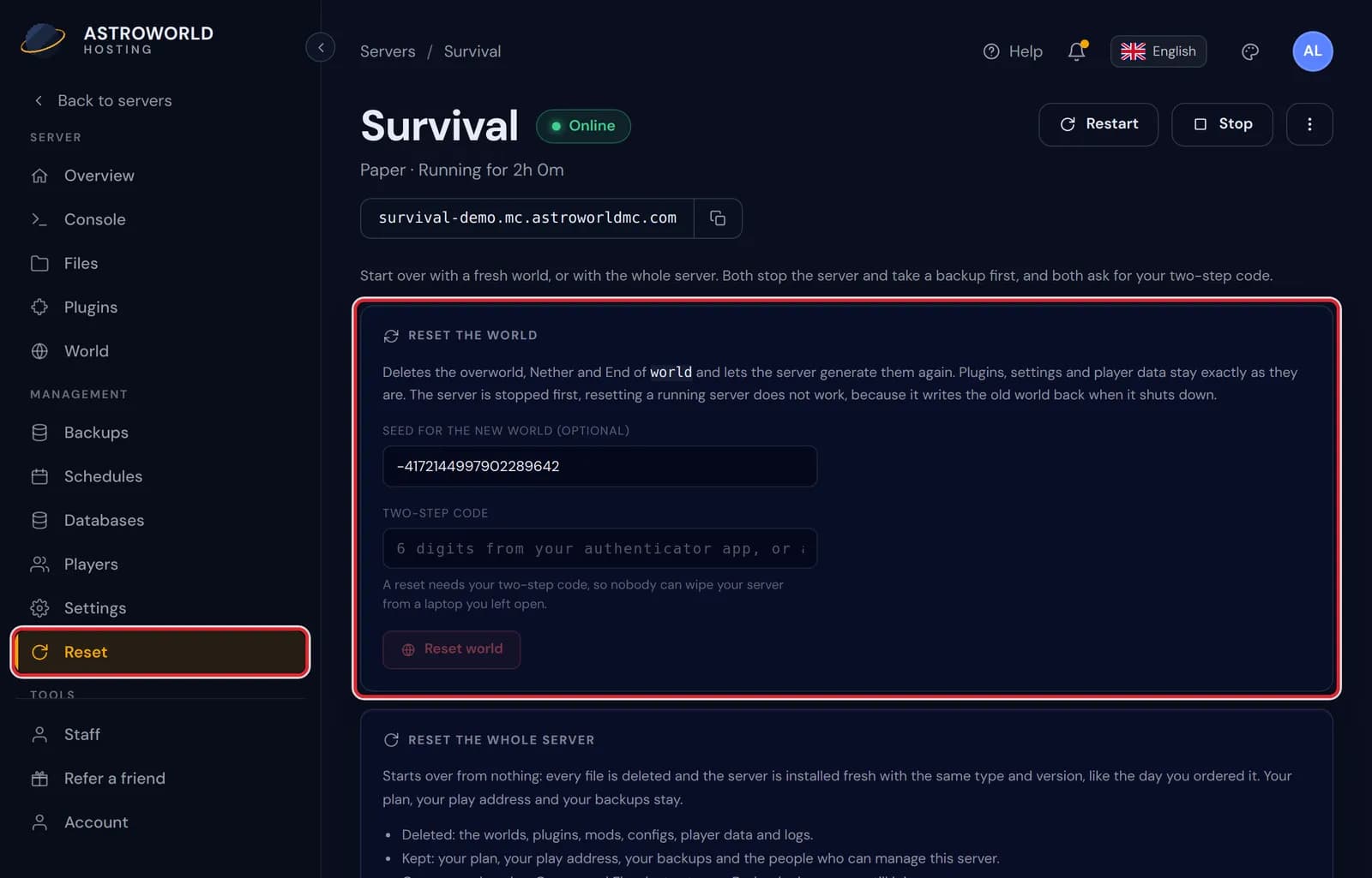 The Reset page of the server panel, with Reset in the sidebar and the Reset the world card marked in red