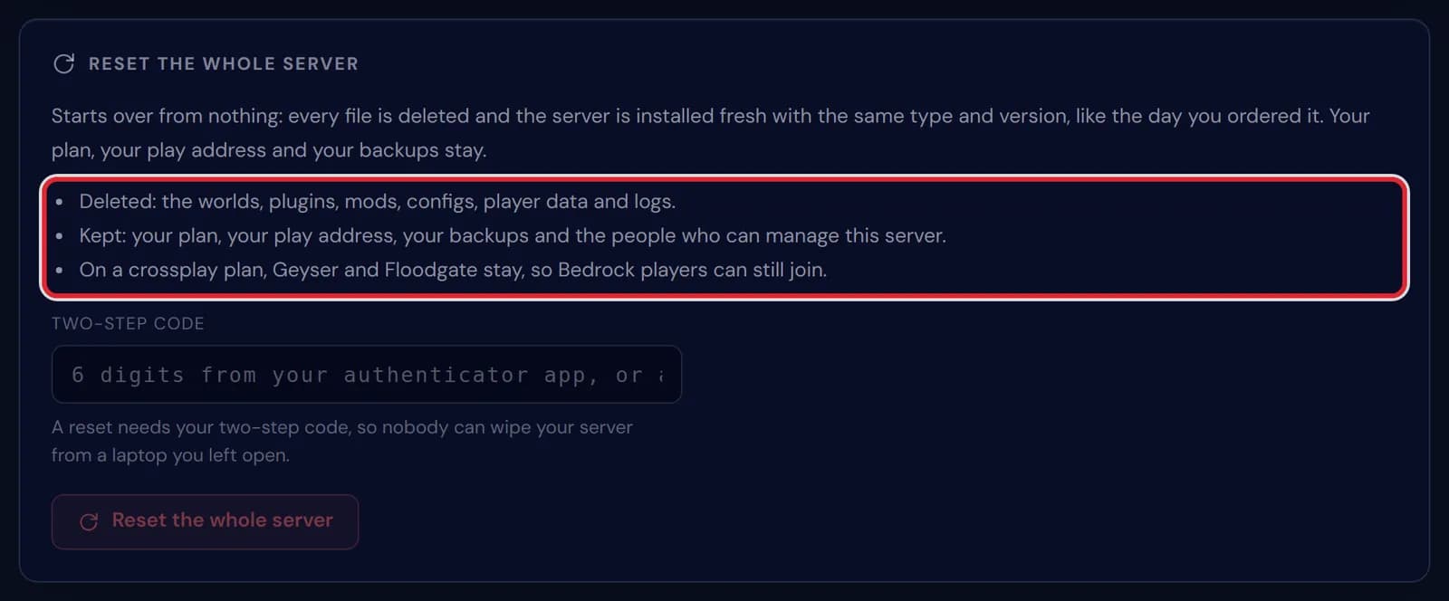 The Reset the whole server card, with the lines on what is deleted and what is kept marked in red