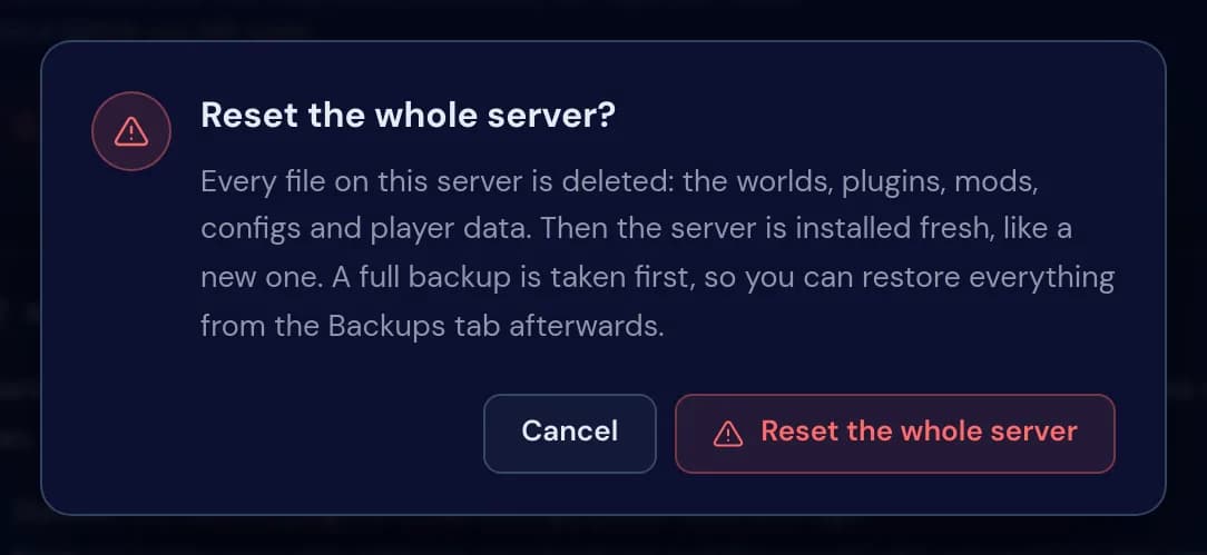 The window Reset the whole server? with its warning and the buttons Cancel and Reset the whole server