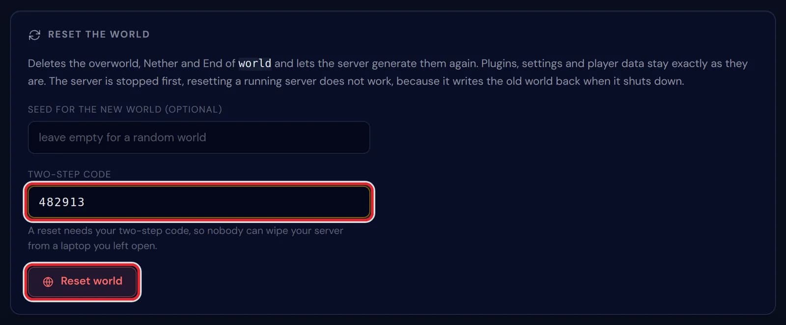 A six digit code in the Two-step code field and the Reset world button, both marked in red
