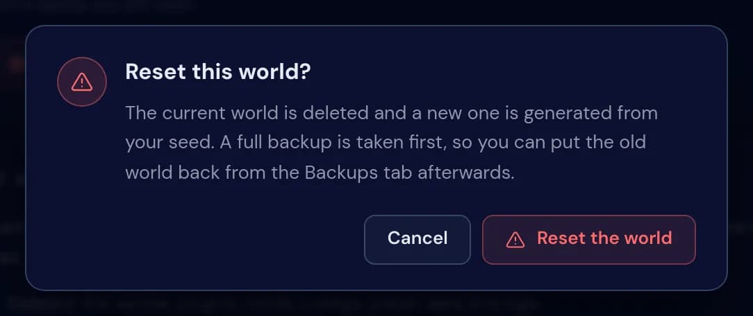 The window Reset this world? with the buttons Cancel and Reset the world