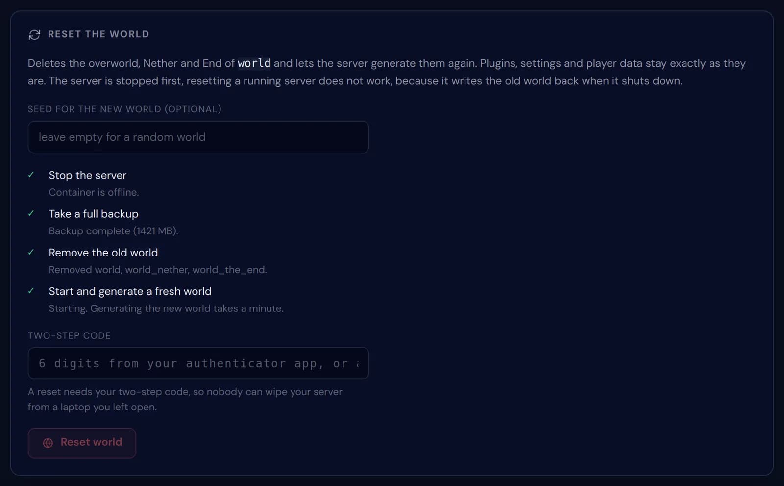 All four reset steps ticked off, from Stop the server to Start and generate a fresh world