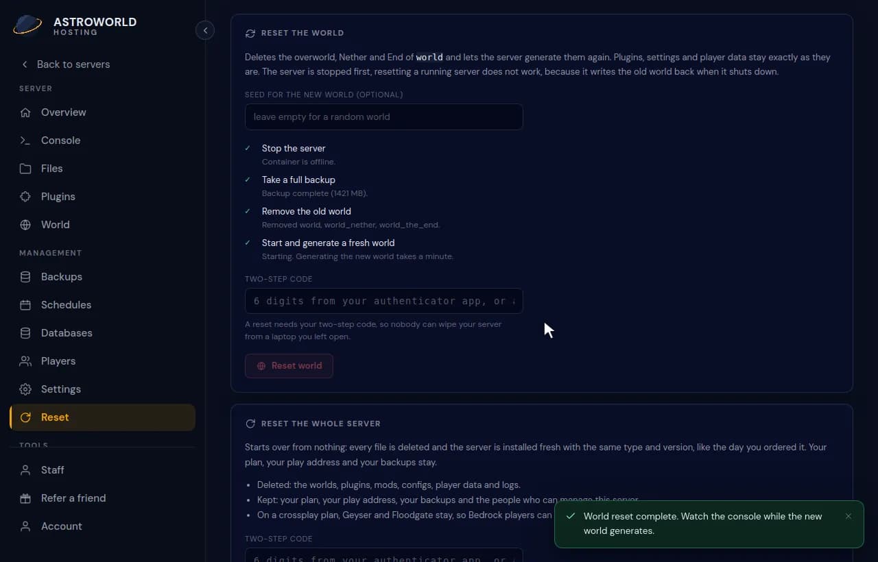 A world reset going through its four steps and ending with World reset complete
