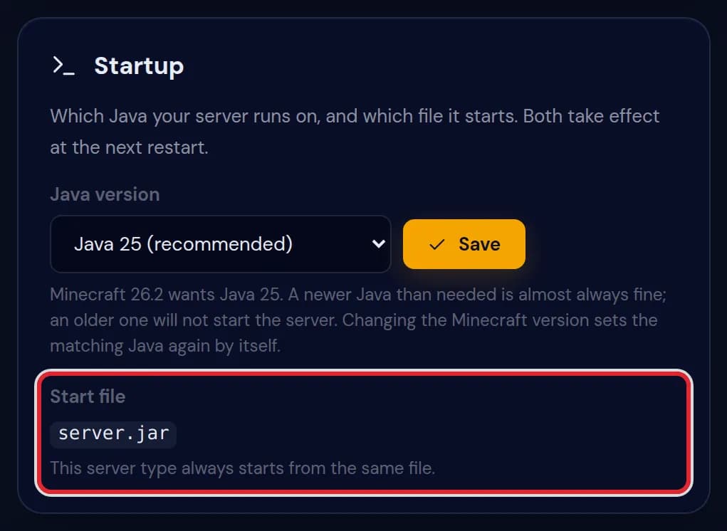 The Start file field showing server.jar with the line This server type always starts from the same file, marked in red