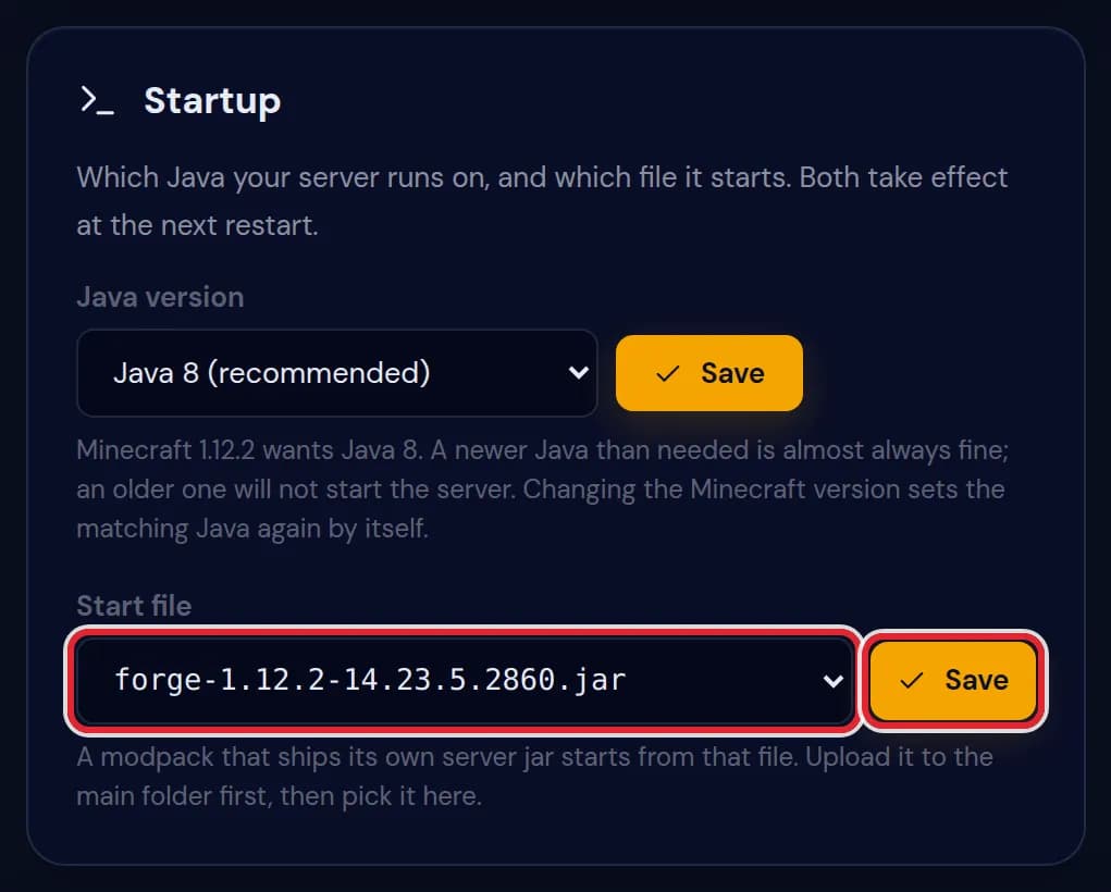 A Minecraft 1.12.2 server on Java 8 (recommended) with forge-1.12.2-14.23.5.2860.jar chosen as start file and Save marked in red
