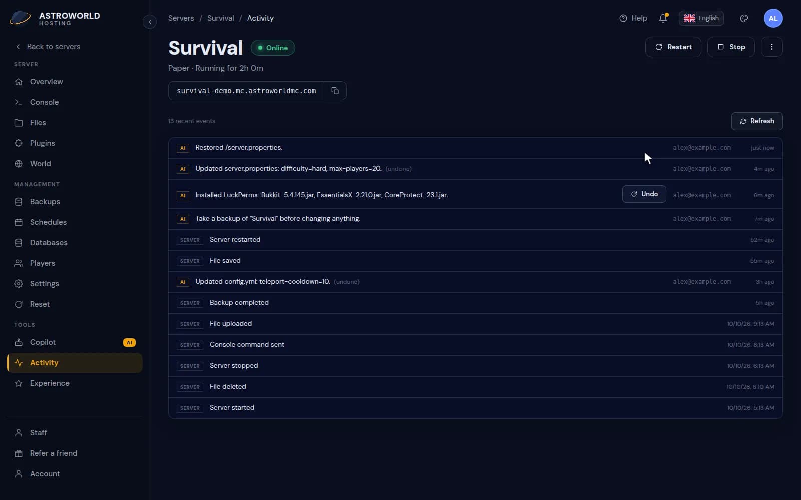 Undoing a Copilot change from the Activity page