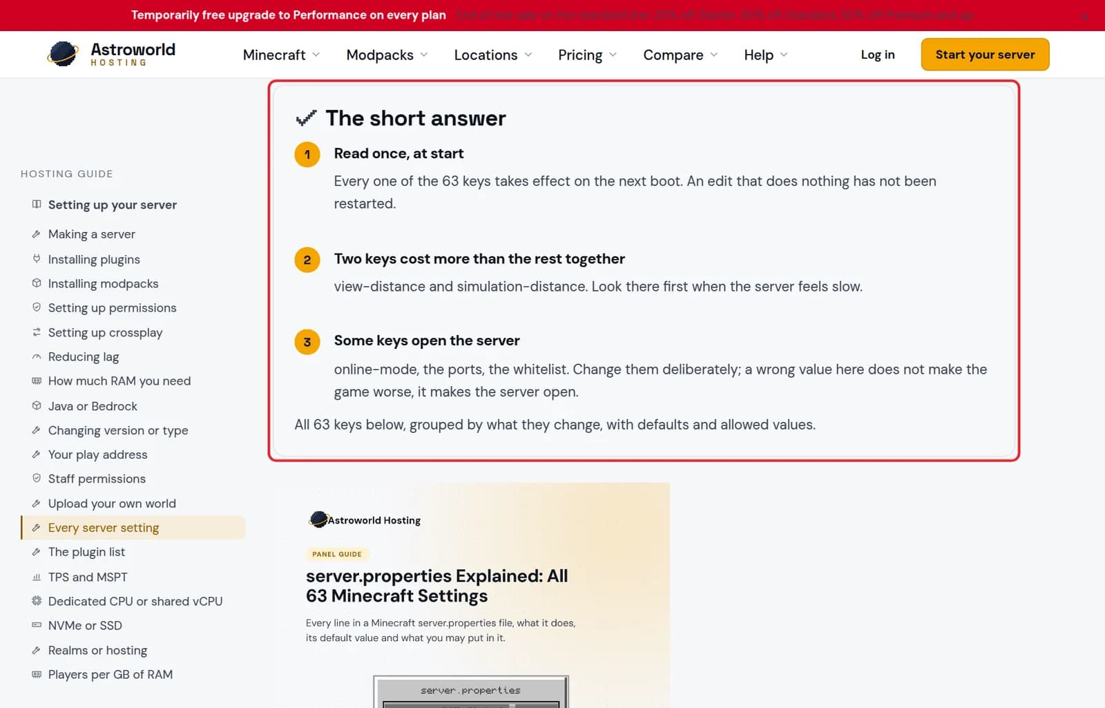 The short answer box of the server.properties reference marked in red