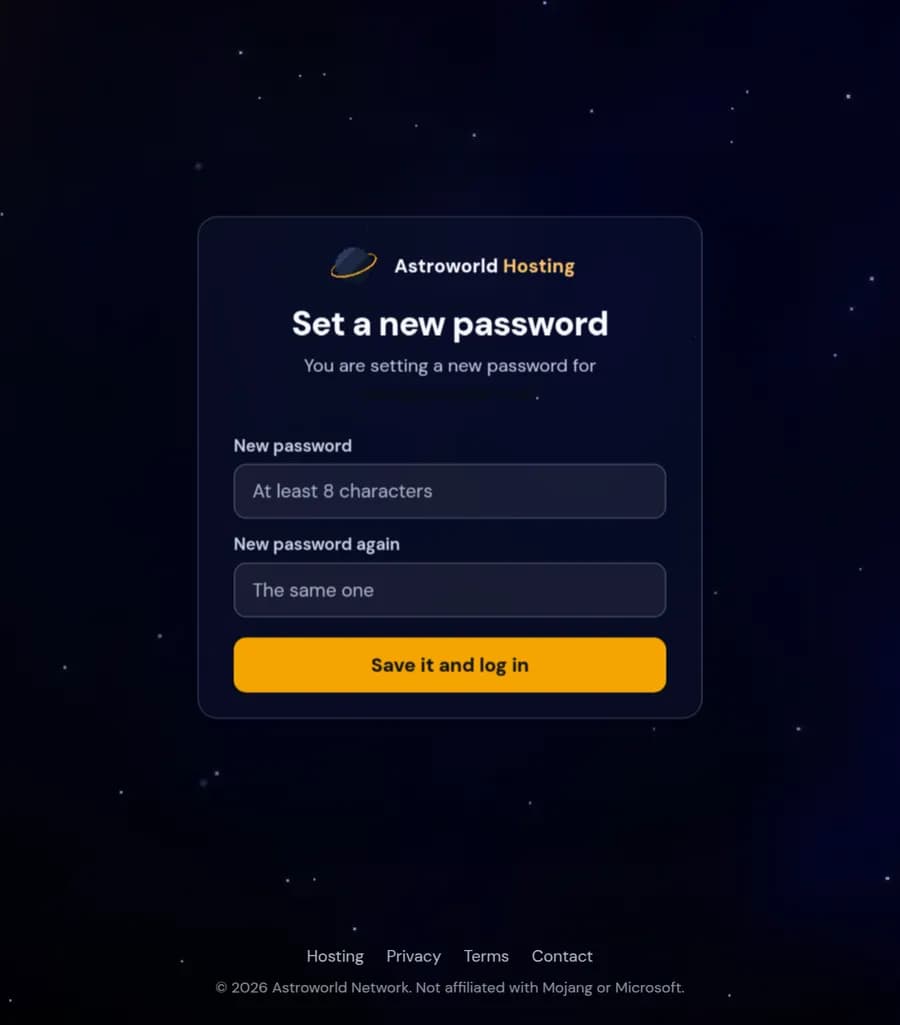 The Set a new password page with two password fields and the Save it and log in button