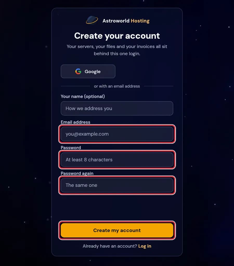 The Create your account form with the email field, both password fields and the Create my account button marked in red