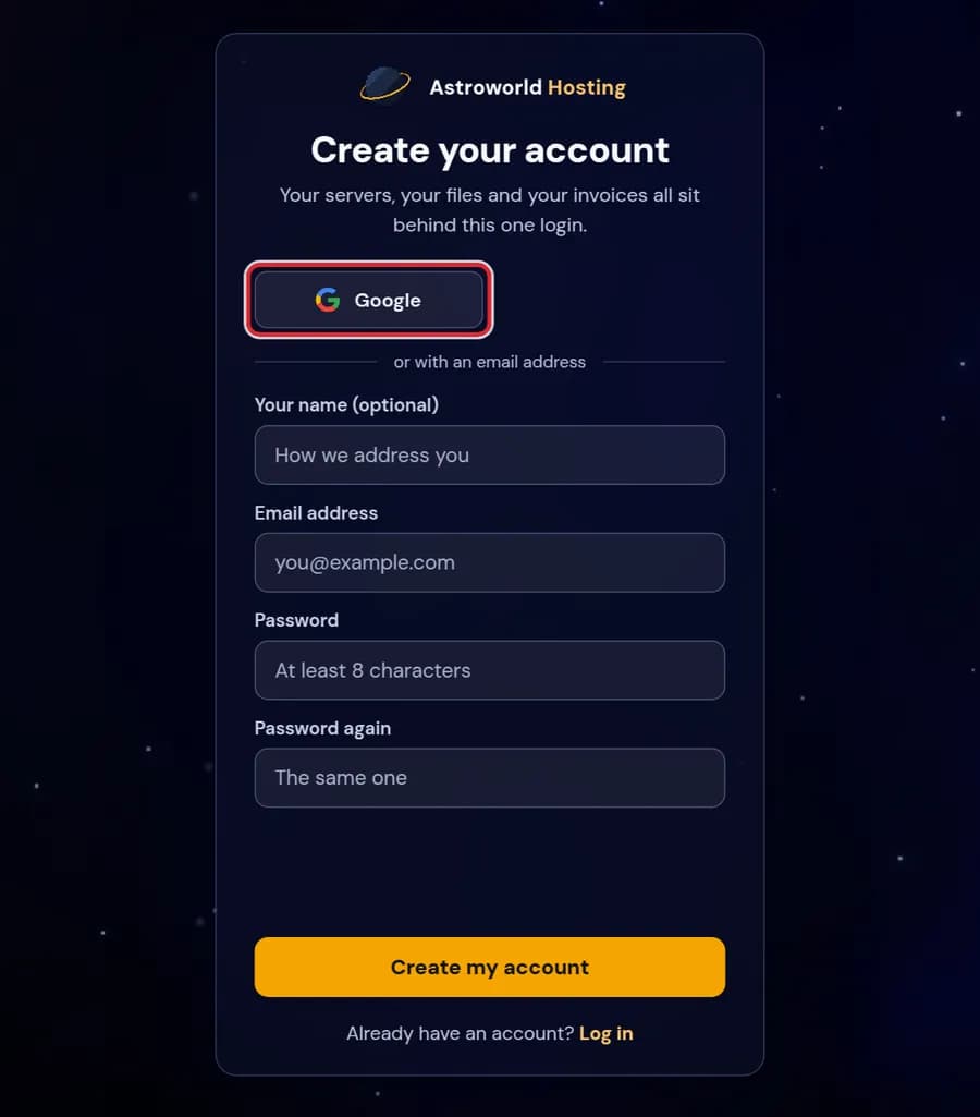 The Create your account page with the Google button marked in red