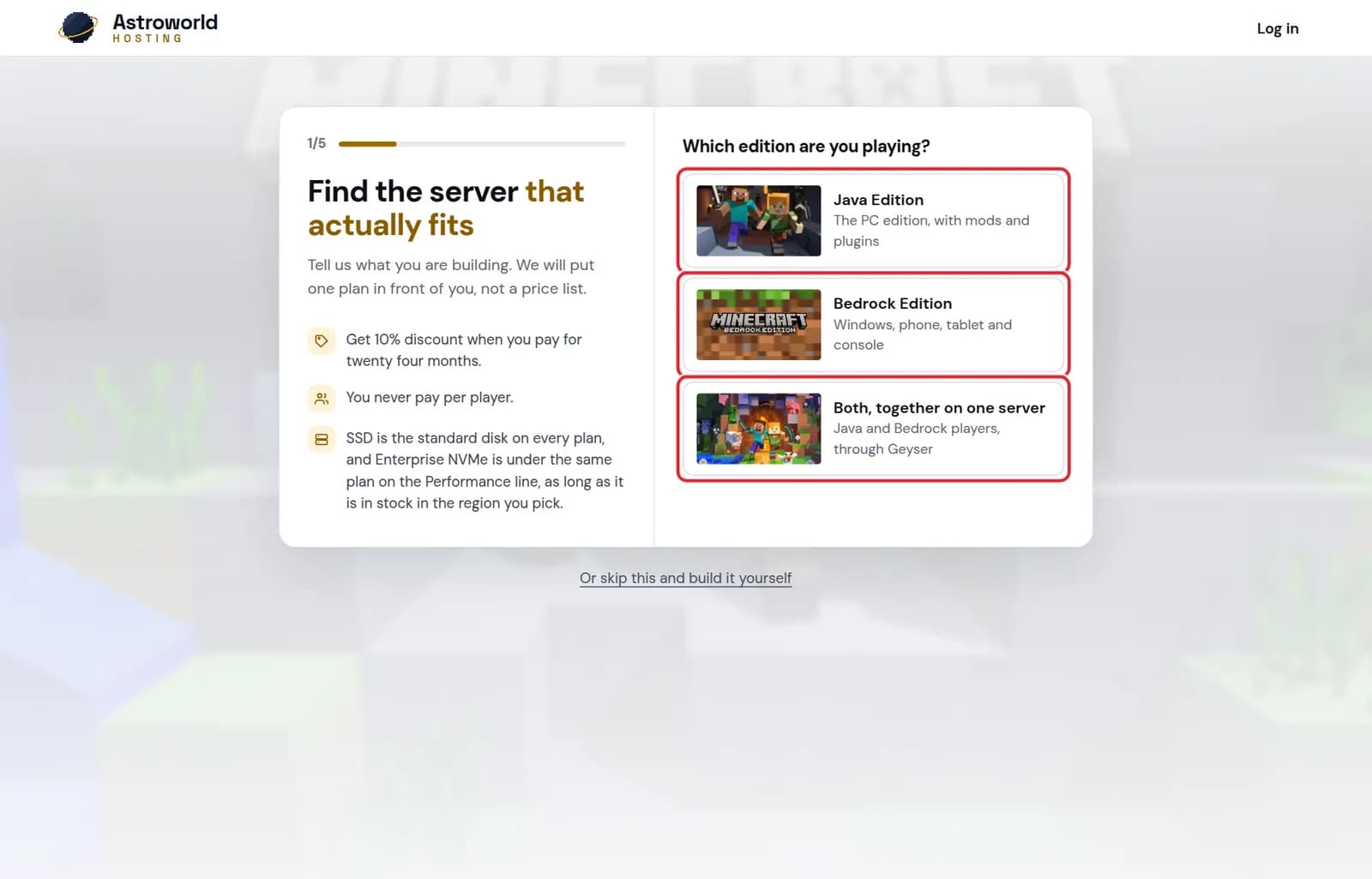 The first question of the plan finder, Which edition are you playing, with the three choices marked in red