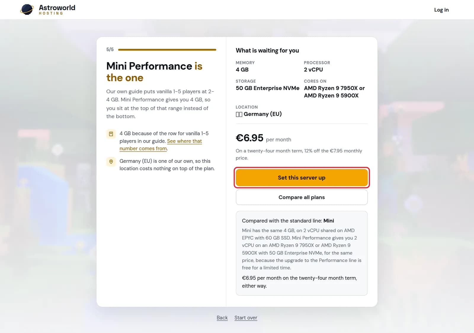 The result of the plan finder with the recommended plan and the Set this server up button marked in red