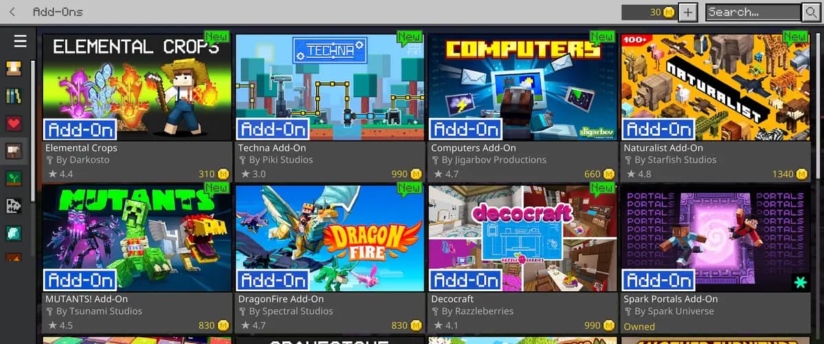 Add-ons in the Bedrock Marketplace, the paid catalogue of worlds, skins and packs