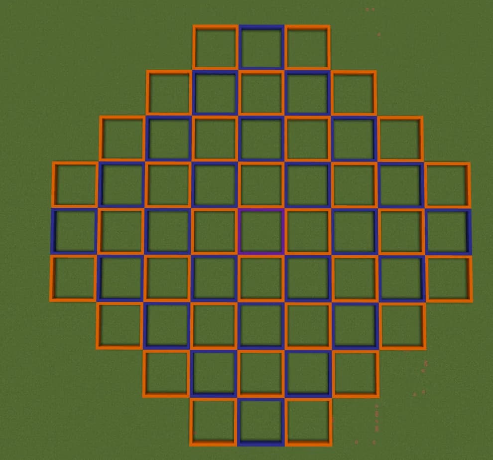Diagram of the chunks Bedrock Edition keeps loaded around a player, a rounded square of chunks