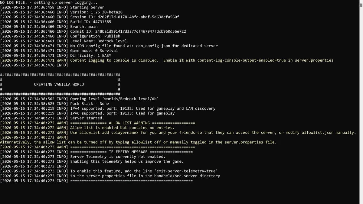 The console window of Bedrock Dedicated Server starting up, showing the version and the IPv4 port