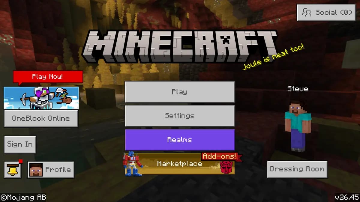 The Bedrock Edition title screen with the Play button and the Marketplace button
