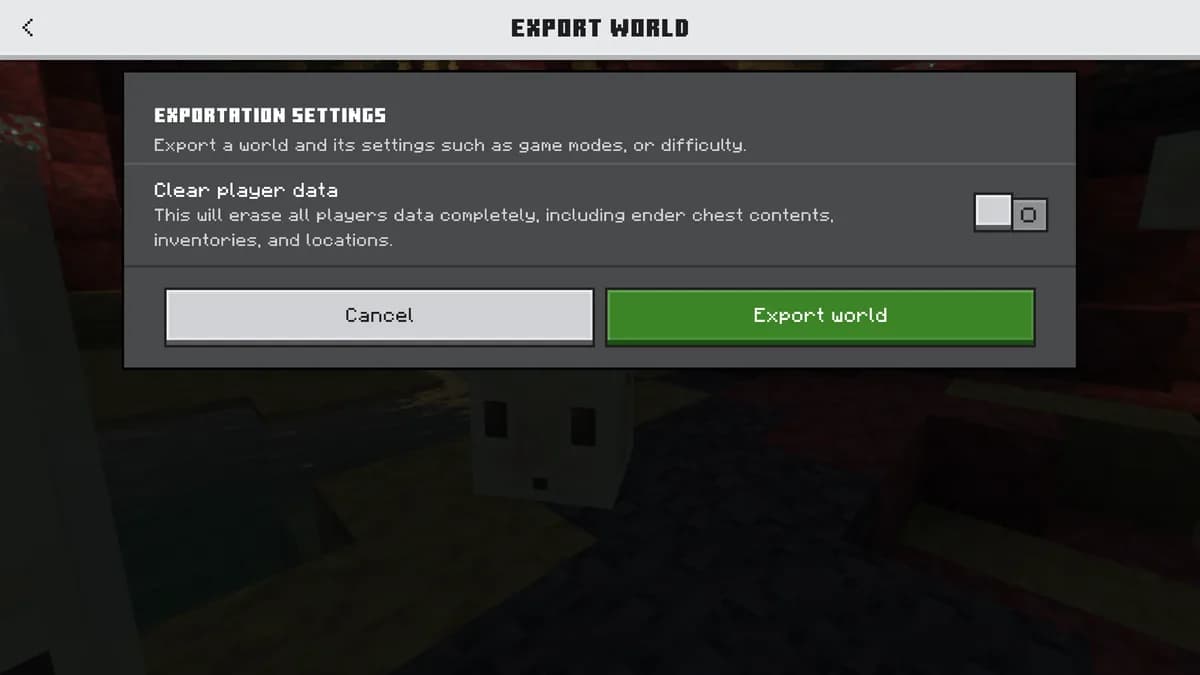 Ekran Eksportuj świat w Bedrock Edition z przyciskiem Eksportuj świat