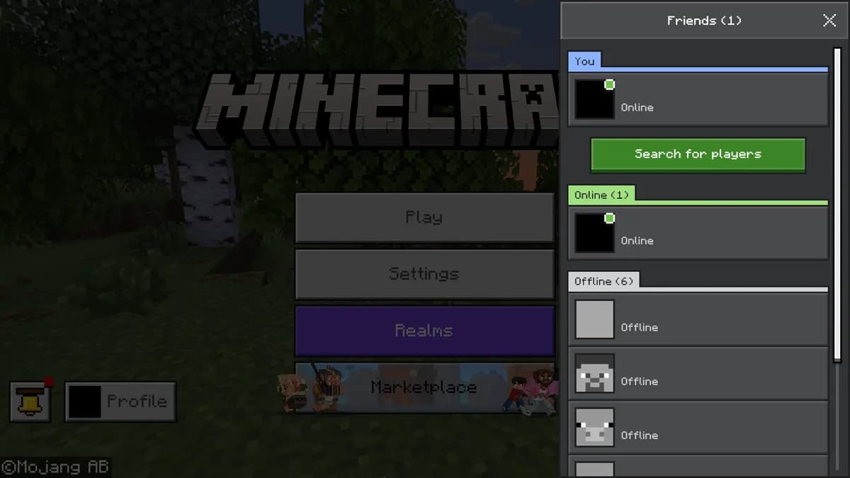 Zakładka Znajomi w Bedrock Edition ze znajomymi online i offline oraz przyciskiem Szukaj graczy