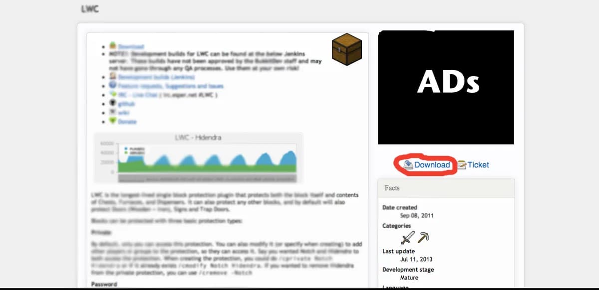 A plugin page on the Bukkit site with the Download button circled