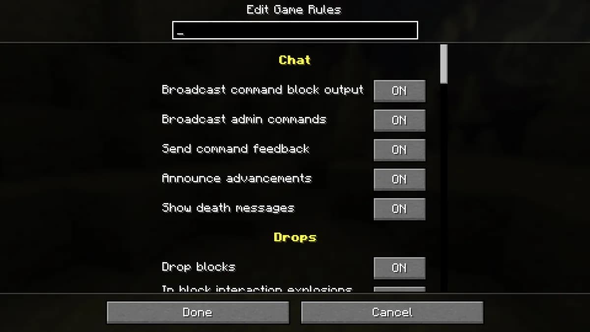 The Edit Game Rules screen of Java Edition with toggles for chat and drops