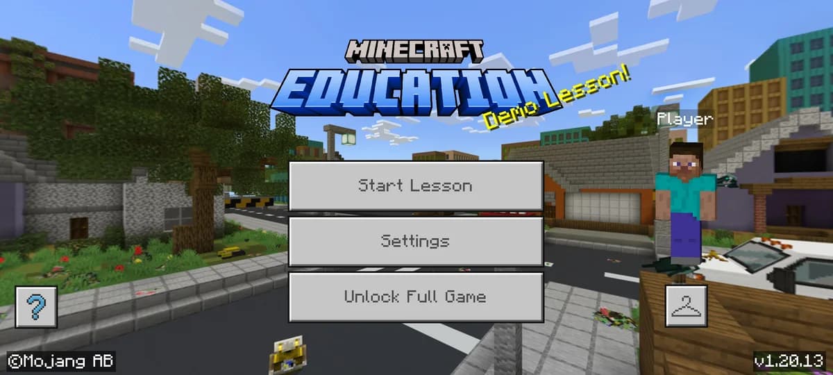 Ekran startowy Education Edition z przyciskami Rozpocznij lekcję, Ustawienia i Odblokuj pełną grę