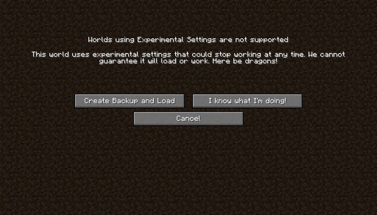 The Java Edition warning that worlds using experimental settings are not supported
