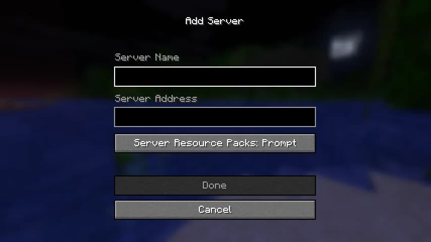 The Add Server screen of Java Edition with a field for the server name and one for the server address